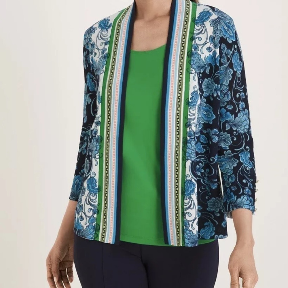 Chico's Perfect Layer Cardigan Size 2 Large Open Front Blue Floral 3/4 Sleeve